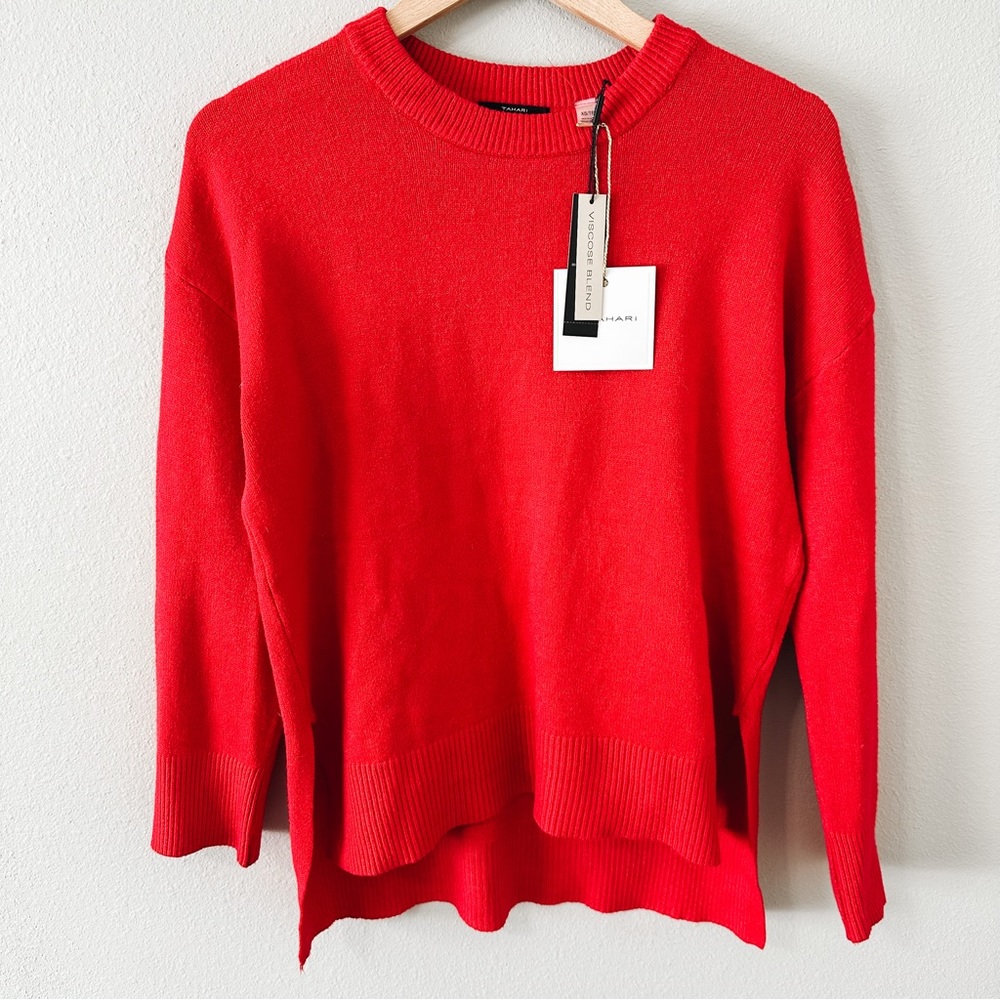 NWT Tahari Paris Red High/Low Hem Crewneck Sweater Size XS